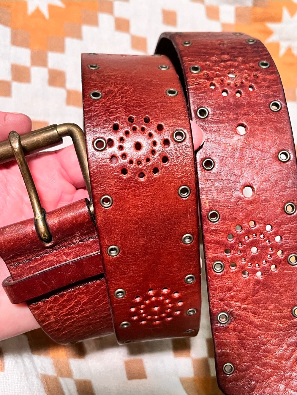 American Eagle Outfitters Perforated Leather Belt brown women’s Medium brass bkl